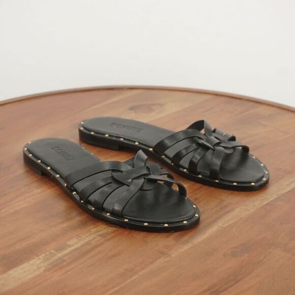 Schutz Womens Phoenix Flats Slide On Sandals Black Leather Gold Studs Size 7.5B - Picture 2 of 11